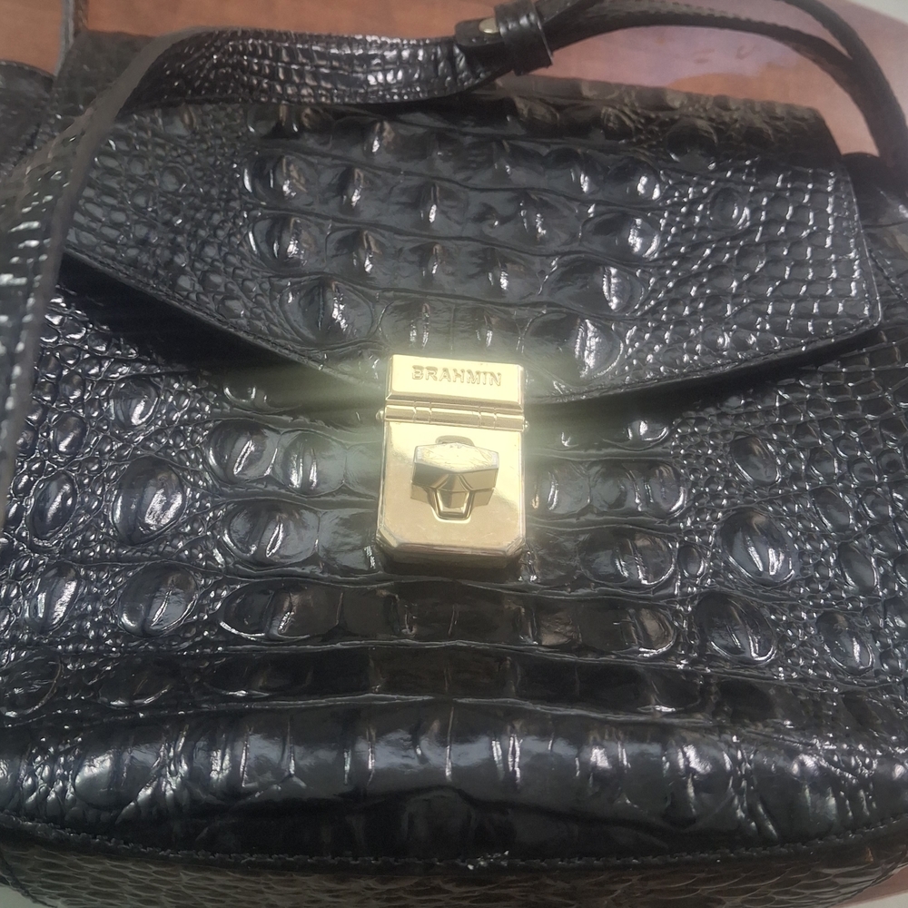 Brahmin Glossy Black Croc Shoulder Bag
